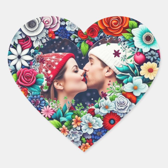 Sticker Cœur Amour | Coeur Turquoise et rouge floral avec la ph (Devant)