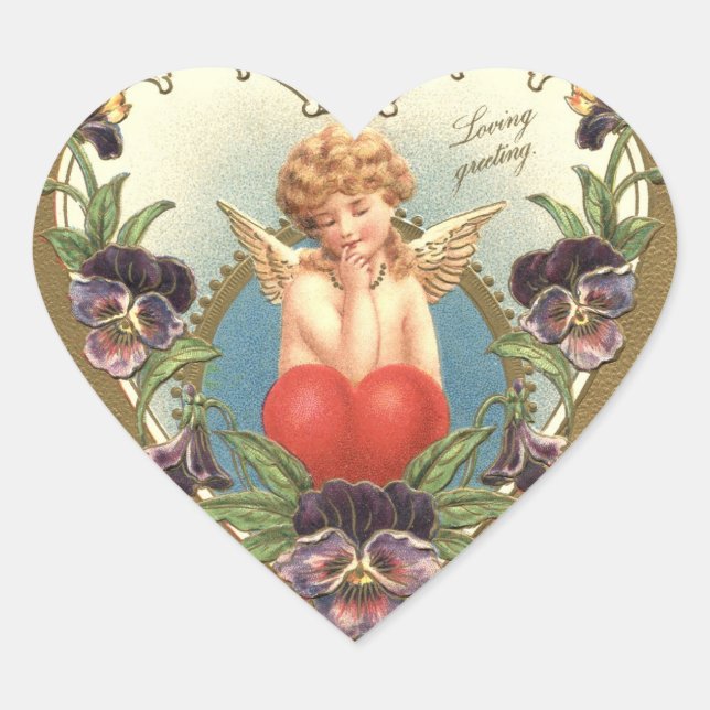 Sticker Cœur AMOUR CUPIDE AU COEUR ET PANSIES Saint-Valentin (Devant)