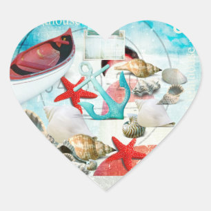 Sticker Cœur Ancre de coquillages nautiques Starfish Beach Thèm