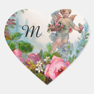 STICKER CŒUR ANGE ROMANTIQUE RASSEMBLANT ROSES ET FLEURS ROSES 
