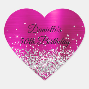 Sticker Cœur Anniversaire 50 ans paillettes argentées rose chau