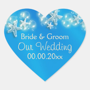 Sticker Cœur Anniversaire blanc bleu de plage d'étoiles de mer