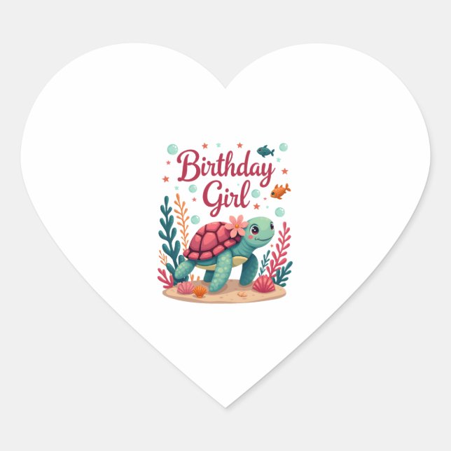 Sticker Cœur Anniversaire Fille Tortue de mer Thème Anniversair (Devant)