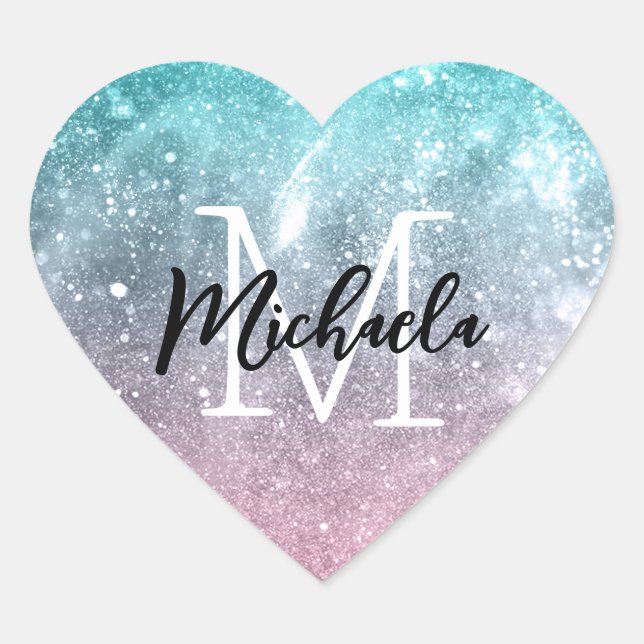 Sticker Cœur Aqua blue Pink ombre mer galaxie abstraite Monogra (Devant)