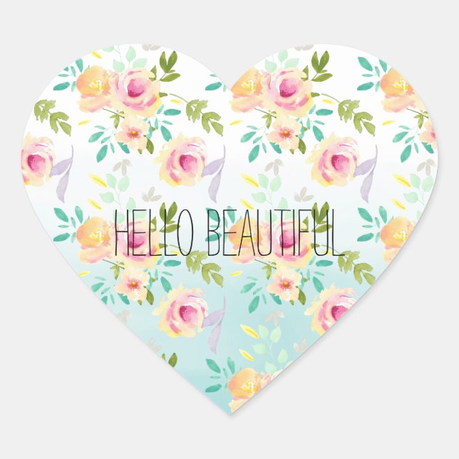 Sticker Cœur Aqua Ombre rose jaune floral (Devant)