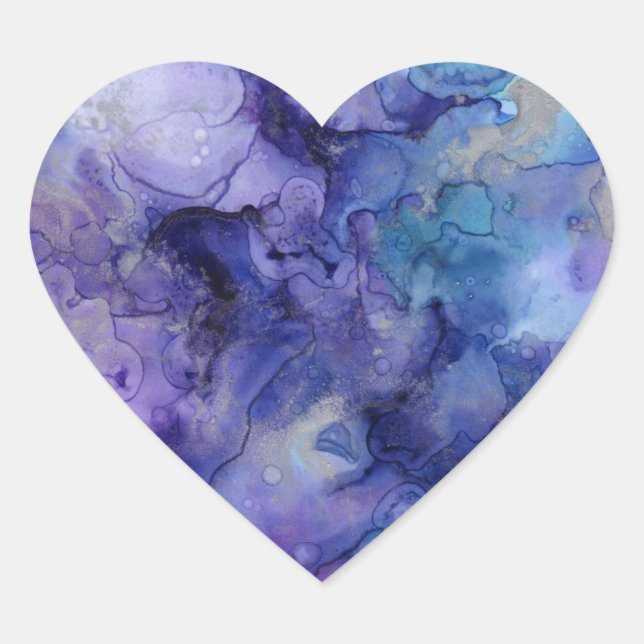 Sticker Cœur Aquarelle Abstraite violette et bleue marbrée (Devant)