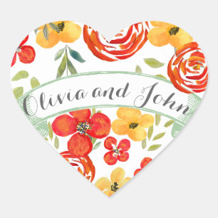 Sticker Cœur Aquarelle Corail jaune Vert Floral Mariage Sceau