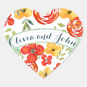 Sticker Cœur Aquarelle Corail jaune Vert Floral Mariage Sceau