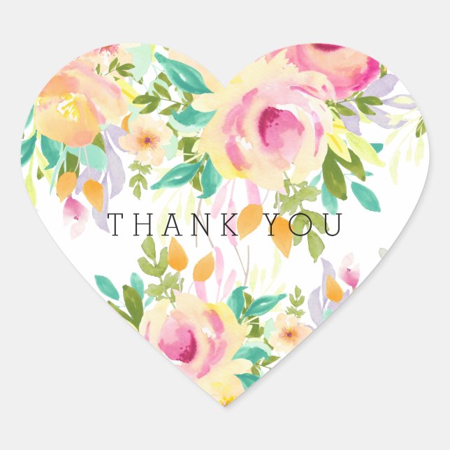 Sticker Cœur Aquarelle rose et jaune Merci de coeur floral (Devant)