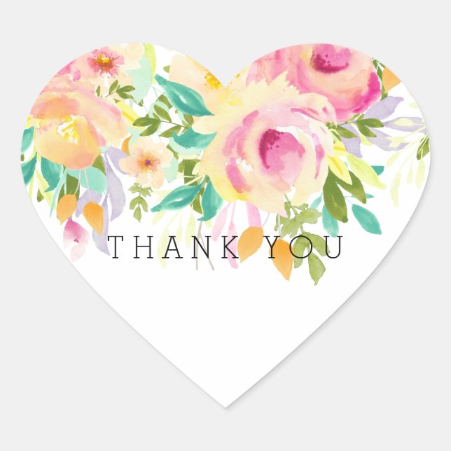 Sticker Cœur Aquarelle rose et jaune Merci floral (Devant)