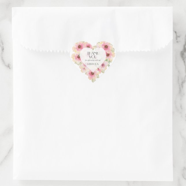 Sticker Cœur Aquarelle rose pâle Fleurs Merci préféré (Sac)