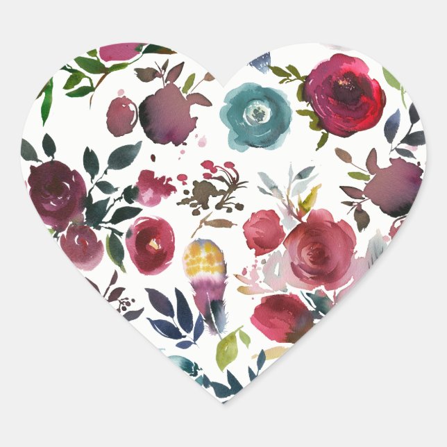 Sticker Cœur Aquarelle rouge Bourgogne Mariage floral phoque ca (Devant)