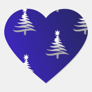 Sticker Cœur Arbres de Noël Argent sur Bleu Cobalt