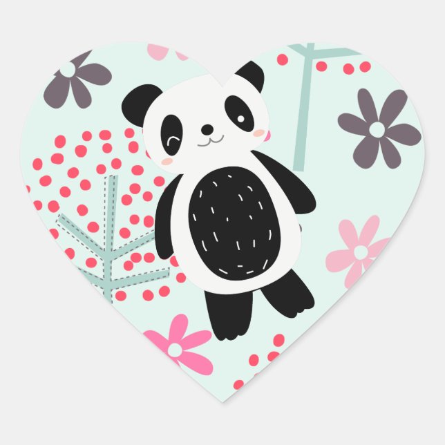 Sticker Cœur Arbres, fleurs et ours de panda (Devant)