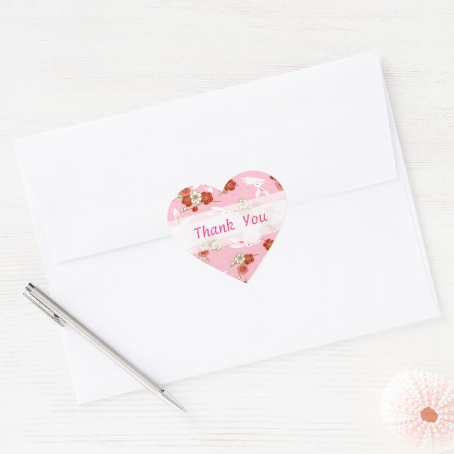 Sticker Cœur Art japonais : Sakuras et lapins roses Merci (Enveloppe)