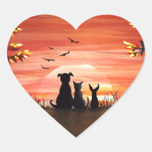 Sticker Cœur Automne Sunset Chien et Chat Automne