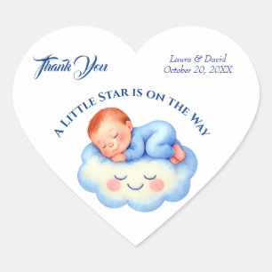 Sticker Cœur Baby Boy Douche Invitation Lune Étoiles Aquarelle