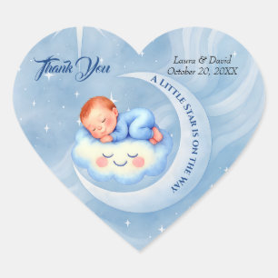 Sticker Cœur Baby Boy Douche Invitation Lune Étoiles Aquarelle