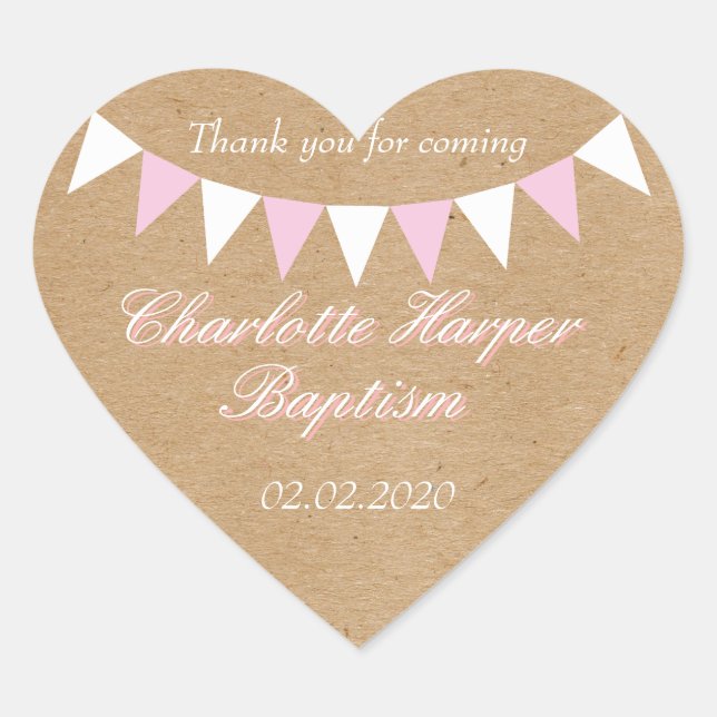 Sticker Cœur Baby Bunting Pink Baptême Christening Favoriser (Devant)