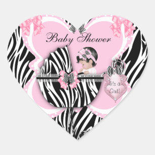 Sticker Cœur Baby Shower Bébé Fille Mignon Taches de Zèbre Rose