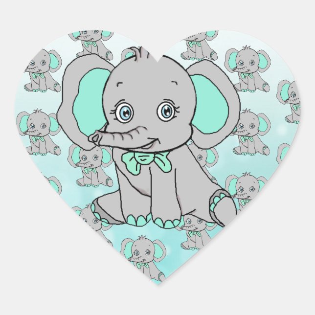 Sticker Cœur Baby shower éléphant Gris et Turquoise (Devant)