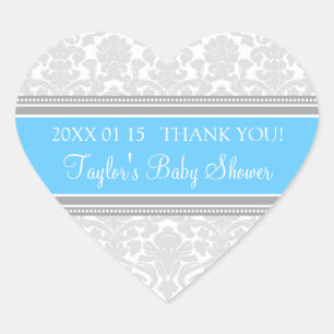 Sticker Cœur Baby shower gris bleu Damas Favoriser les autocoll
