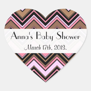 Sticker Cœur Baby shower - Motif Zigzag, Chevron - rose Brown