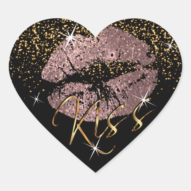 Sticker Cœur Baiser Rose Gold et Gold Parties scintillant lèvre (Devant)