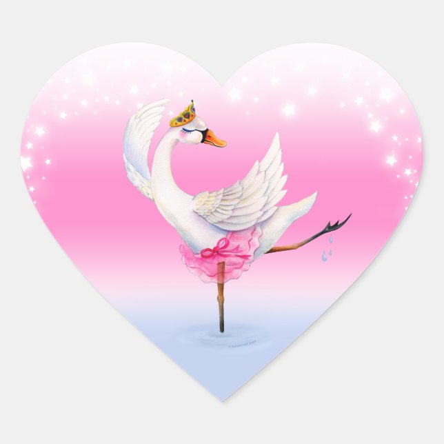 Sticker Cœur Ballet dansant cygne blanc sur lac aquarelle art (Devant)