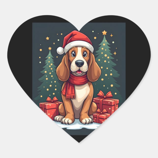 Sticker Cœur Basset Hound Chien Fêtes de Noël Père Noël Amoureu (Devant)