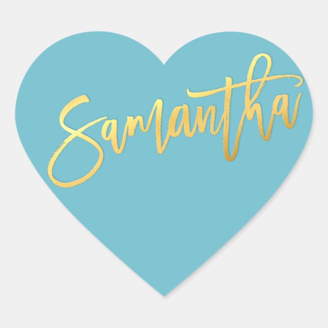 Sticker Cœur BAT MITZVAH HEART en or turquoise script SAMANTHA (Devant)