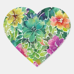 Sticker Cœur Beau Motif de fleurs d'aquarelle
