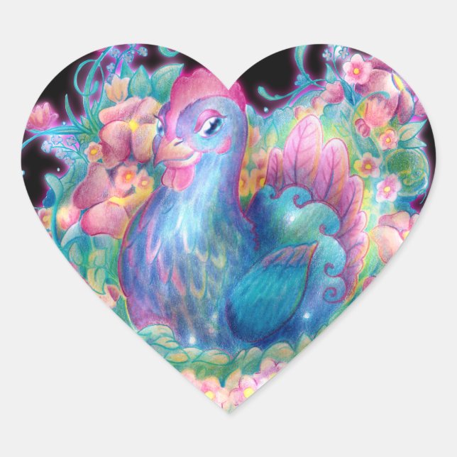 Sticker Cœur Beau poulet et fleurs (Devant)