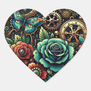 Sticker Cœur Beau Steampunk Gears à thème et Roses
