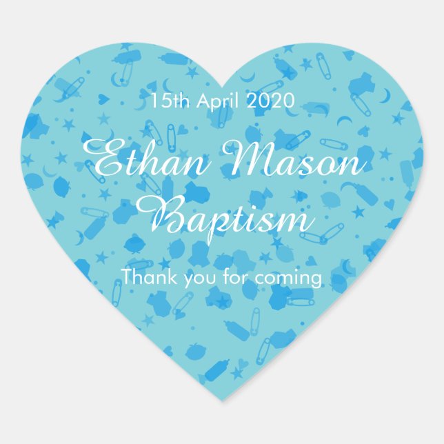 Sticker Cœur Bébé Bleu Confetti Baptême Christening Favoriser (Devant)