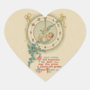 Sticker Cœur Bébé du Nouvel An Horloge Vintage
