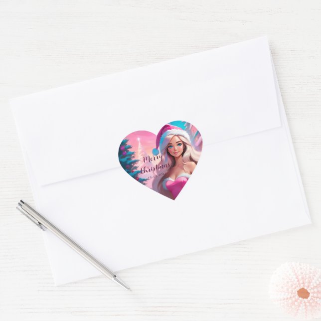 Sticker Cœur Belle fille de Noël rose 01 (Enveloppe)