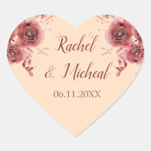 Sticker Cœur Belle Pêche Bourgogne Aquarelle Mariage Floral
