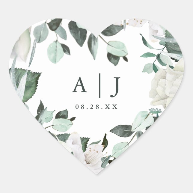 Sticker Cœur Belle verdure avec Monogramme Mariage Date Entendr (Devant)