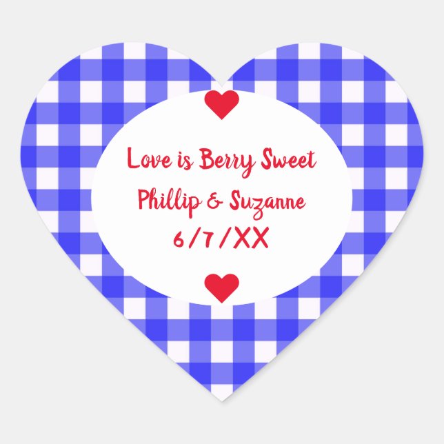 Sticker Cœur Berry Blue En vichy mariage Favor Jelly Jar Étique (Devant)