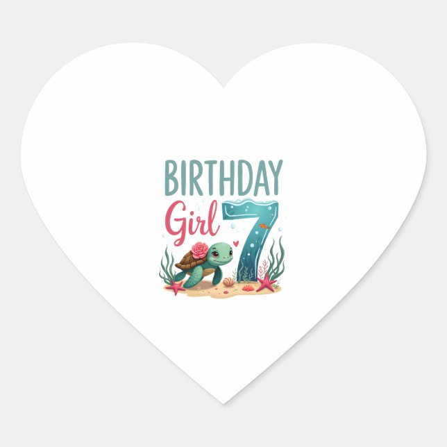 Sticker Cœur Birthday Girls 7th Sea Turtle 7 Year Old Ocean Aqu (Devant)