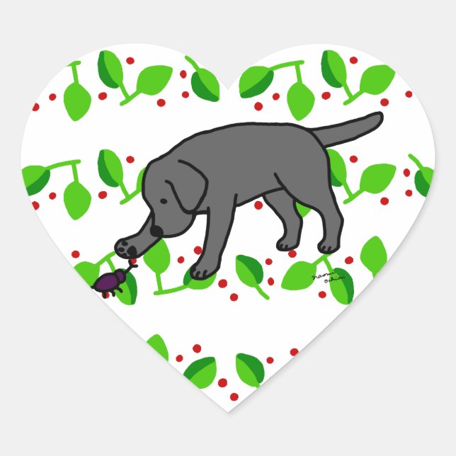 Sticker Cœur Black Lab Convivial Cartoon Labrador feuille (Devant)
