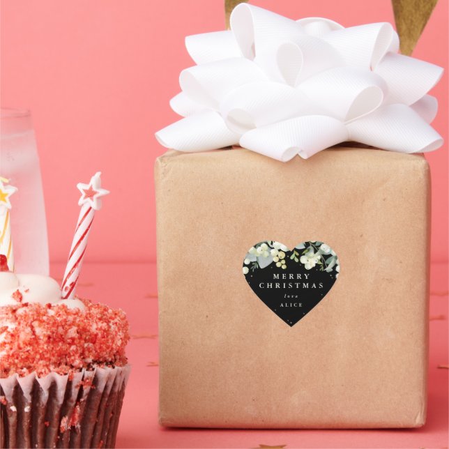 Sticker Cœur Black Snowberry+Eucalyptus Joyeux Noël/Personnalis (Fête)