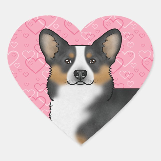 Sticker Cœur Black Tri Pembroke Welsh Corgi Coeurs d'amour rose (Devant)