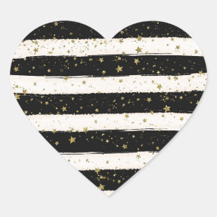 Sticker Cœur Black White Aquarelle rayures Gold Parties scintil