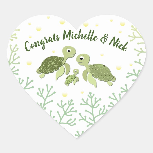 Sticker Coeur blanc Baby shower de tortue de mer (Devant)