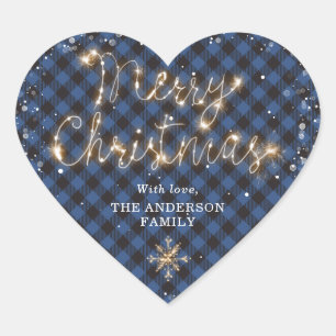 Sticker Cœur Bleu Buffalo Plaid Neige brillant Joyeux Noël