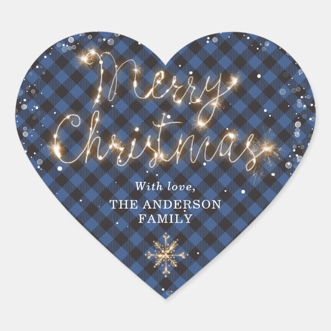 Sticker Cœur Bleu Buffalo Plaid Neige brillant Joyeux Noël (Devant)