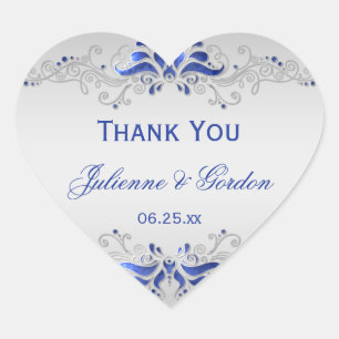 Sticker Cœur Bleu orné et des perles d'argent Coeur Mariage Fav