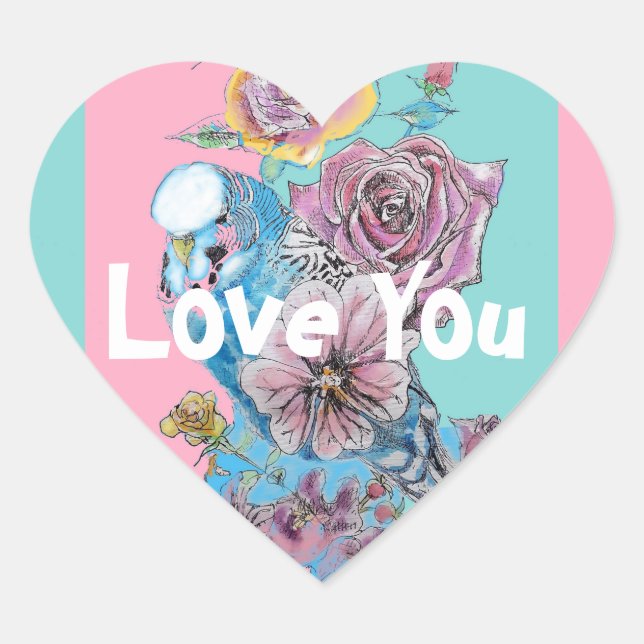 Sticker Cœur Blue Budgie Bird Rose Fleur Love Peinture Aqua (Devant)